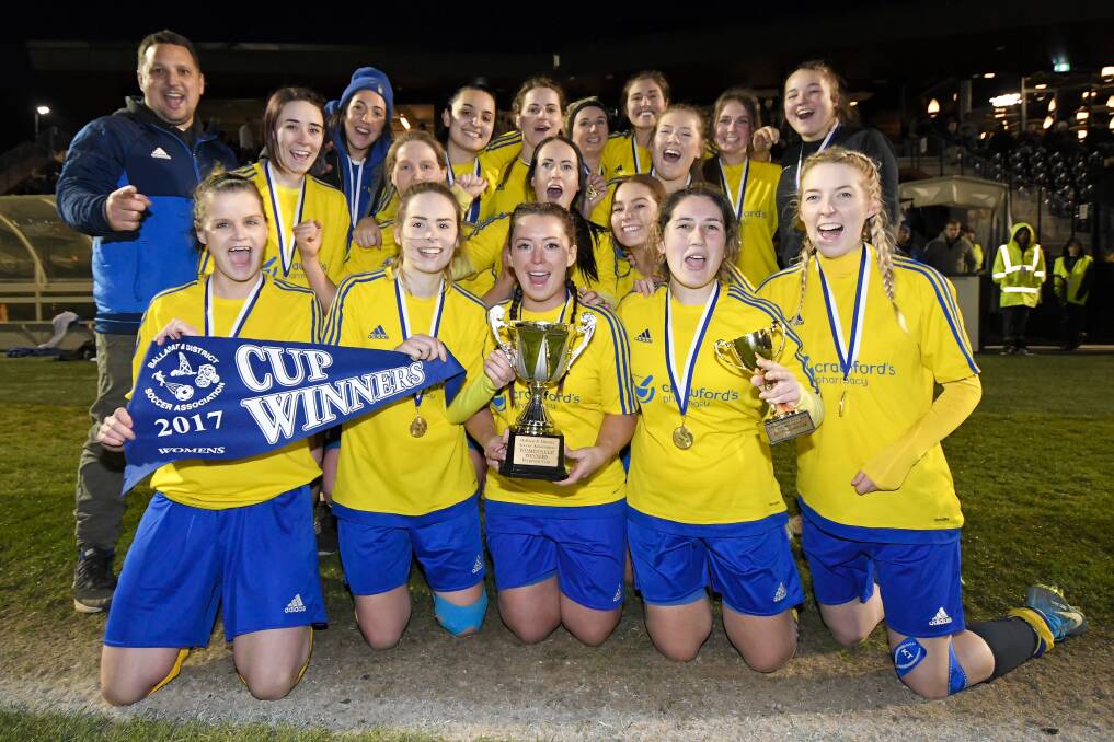 WINNERS: Sebastopol Vikings division one women celebrate what was a clinical BDSA grand final display, defeating Warrnambool 5-0. Pictures: Dylan Burns.