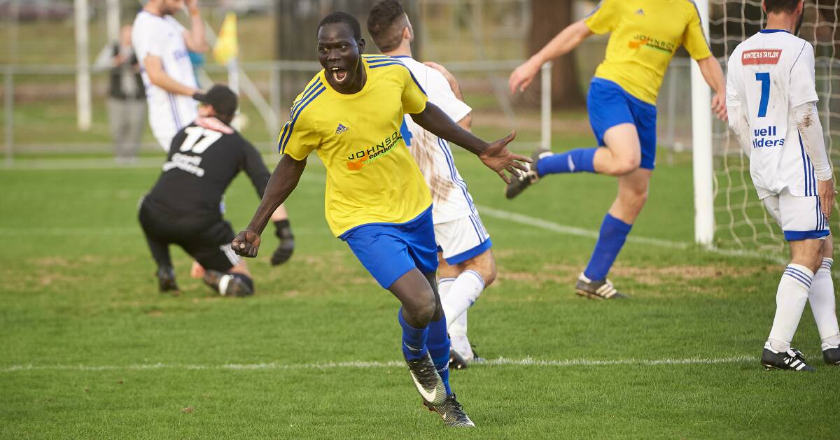 HAT-TRICK: Sebastopol Vikings' Kuanjal Tuany celebrates one of his three goals against Bell Park. He was dynamic up front and provided the spark with the side's opening two goals. Pictures: Luka Kauzlaric