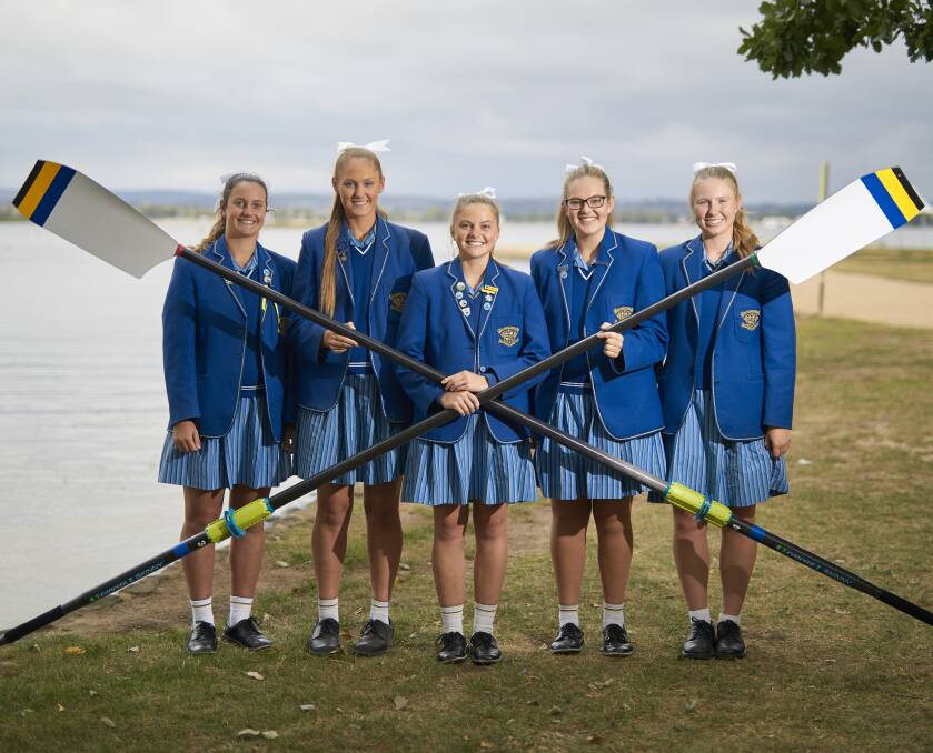 BACK-TO-BACK?: Loreto College firsts' crew Molly Grech, Laura Foley, Grace Turner, Maddi Clark and Teagan Blythe. Picture: Luka Kauzlaric