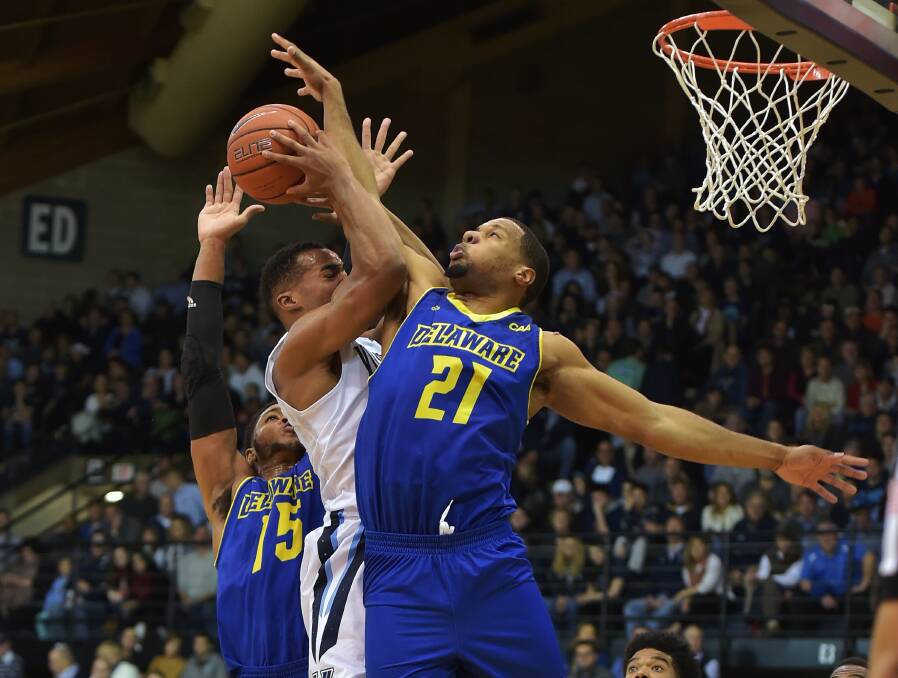 IMPORT: Ballarat Miner and former Delaware Fightin Blue Hen, Marvin King-Davis, blocks his opponent in a college match in the USA. Picture: Getty Images
