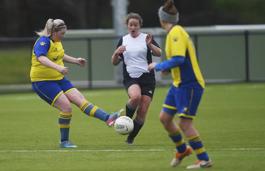Sebastopol Vikings' Lauren Harvey crosses a ball in against Ballarat North United in its 5-0 loss in round 13.