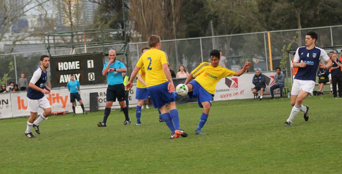 STRIKE: Goal-scorer Ibrahim Ghulami connects with the ball in Saturday's FFV state league 4 playoff against Fawkner. Sebastopol Vikings prevailed in penalties. Picture: Jacinta Antonelli.