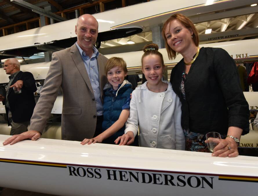 HONOURED: Ballarat Clarendon College rowing director Ross Henderson celebrates having a boat named after him with his family Karsten, Alexa and Jacinta.