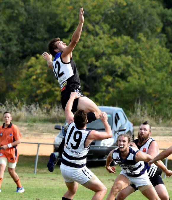 SET TO DEFEND: Smythesdale ruckman Rylan Rattley, pictured here earlier in the season against Newlyn, will front the AFL Goldfields Independent Tribunal this week. Picture: Jeremy Bannister.