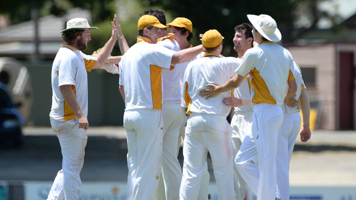 ALL TOO RARE: East Ballarat players celebrate one of just four wickets in a tough day in the field on Saturday. The Hawks must now chase the Pointies' total of 4-393.