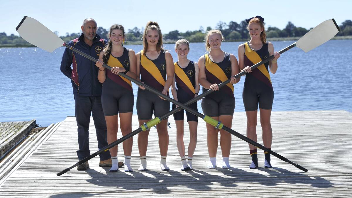 GIRLS' FIRSTS: coach Simon O'Brien, Millie Hockey, Erin Gore, Maddie Lamb, Phoenix Neil and Ash Smith. Picture: Lachlan Bence.