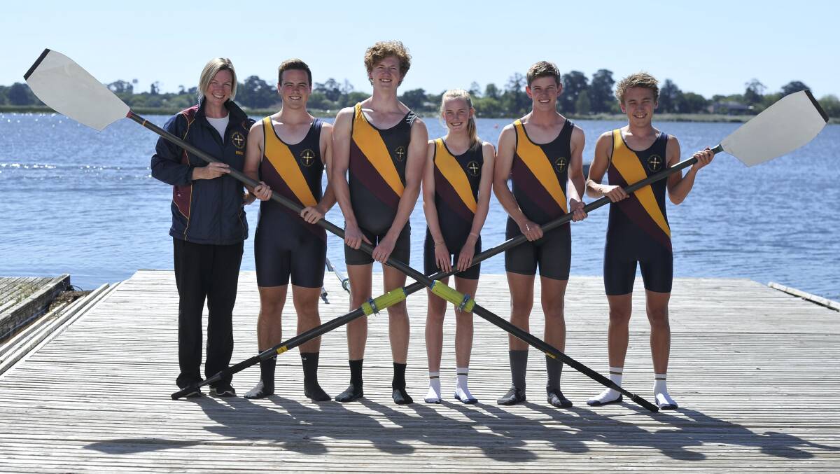 BOYS' FIRSTS: coach Sharon Waters, Ryan VanderLinden, Daniel Anderson, Ellie Hennig, Tom Robertson and Jake Currie. Pictures: Lachlan Bence.