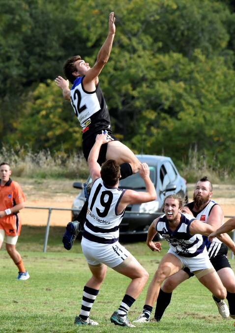 LEADING THE WAY: Smythesdale ruckman Rylan Rattley flies high during a contest against Newlyn earlier in the season. Picture: Jeremy Bannister.