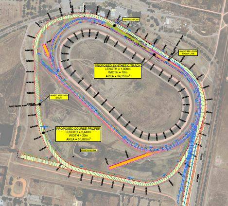 The proposed synthetic track is highlighted in blue and orange, with the turf track shown in green.