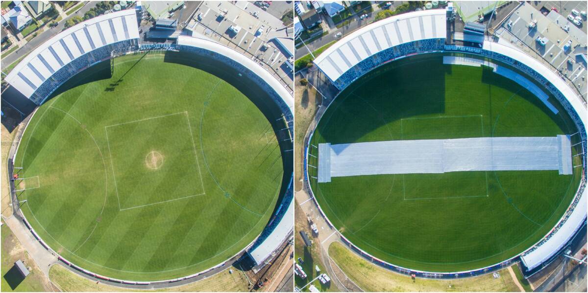 Mars Stadium in early July (left) and on Sunday (right). Pictures: Skyline Drone Imaging.