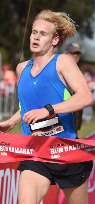 CHAMPION: Jesse Fullerton crosses the line to win the Run Ballarat 12km men's title, finishing clear of runner-up Ash Watson. Pictures: Kate Healy and Luka Kauzlaric.