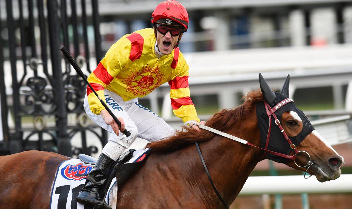 THAT WINNING FEELING: Mark Zahra celebrates aboard Palentino after winning the group 1 Makybe Diva Stakes at Flemington earlier this month. Picture: Getty Images.
