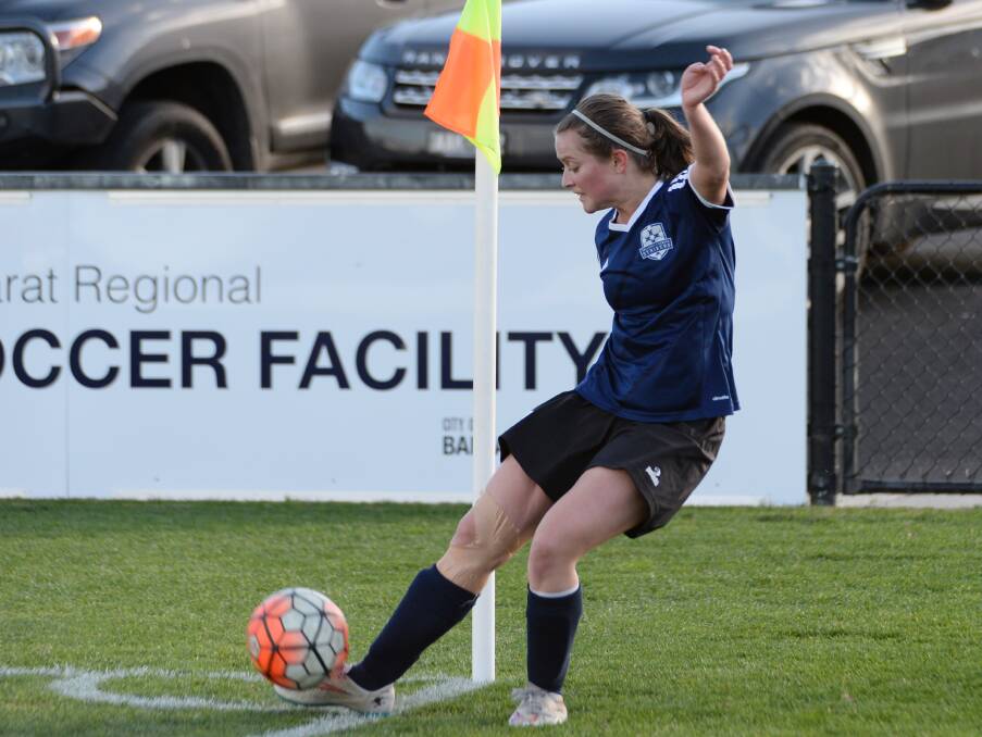 CORNER: Tessa Curtain whips in a cross as the Ballarat Eureka Strikers go on one of their many attacks on Sunday at Morshead Park.