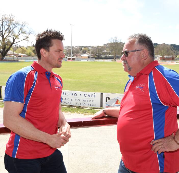 WORKING TOGETHER: New East Point senior coach Jake Bridges chats with club president Neil Park at the Eastern Oval on the weekend. Picture: Lachlan Bence.