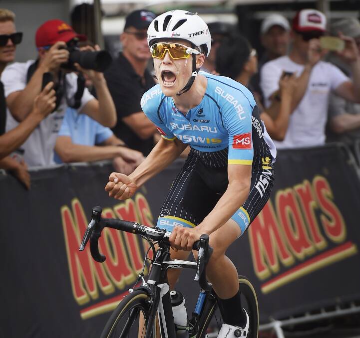 ELATION: New South Wales cyclist Sam Jenner shows the joy of his victory in the under-23 men's road race in Buninyong on Saturday. Pictures: Luka Kauzlaric.