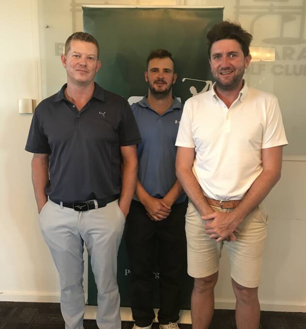 SHARING THE SPOILS: Chris Gaunt, Chris Wood and Mitchell Brown were joint winners of the Ballarat Golf Club pro-am on Sunday. Picture: Tim O'Connor.