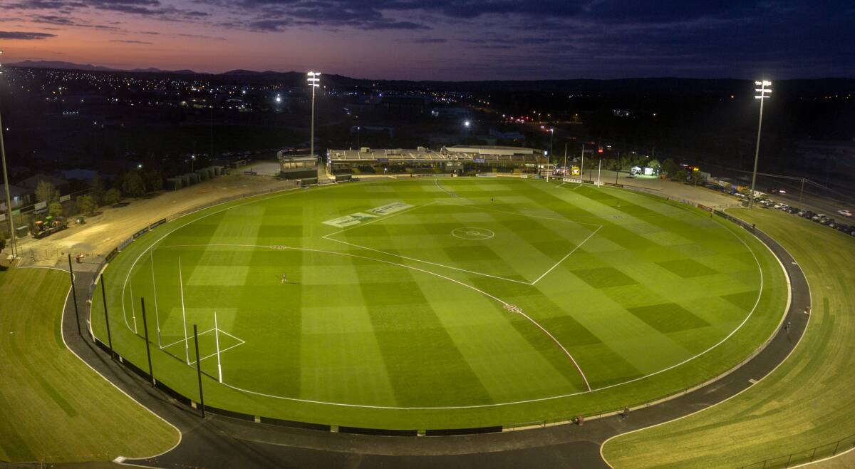 WHAT A VIEW: The newly-redeveloped Eureka Stadium lit up for last Friday night's clash between North Ballarat Roosters and Geelong. Picture: Luke Parker - Skyline Drone Imaging.