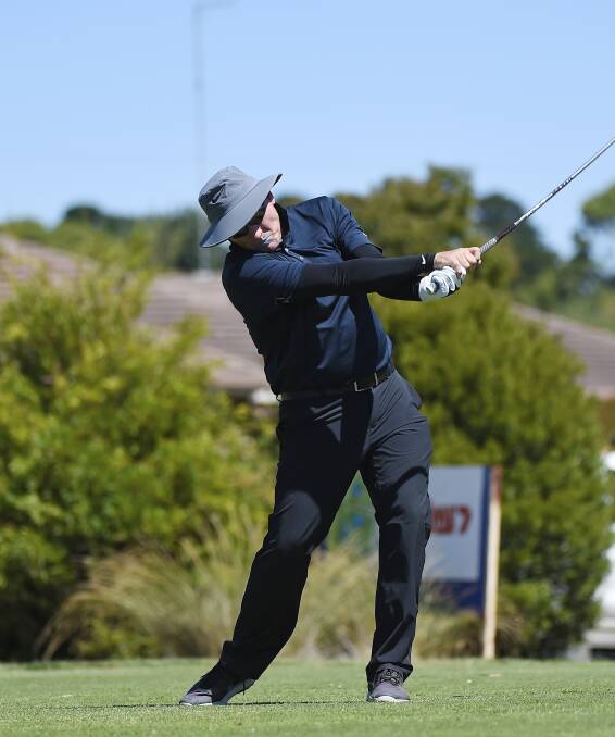 CRUNCH: Stephen Woodhead hits a drive during his round at Midlands on Friday. Woodhead finished the day with a five-over score of 77. Picture: Luka Kauzlaric.