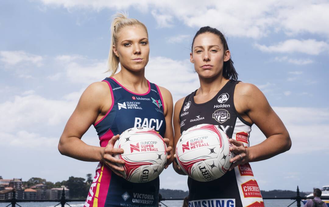 BATTLEGROUND: This is the new look of netball in Victoria with Vixens captain Kate Maloney leading the old charge and Collingwood captain Madi Robinson ready to lead the Magpie Army. Picture: James Brickwood