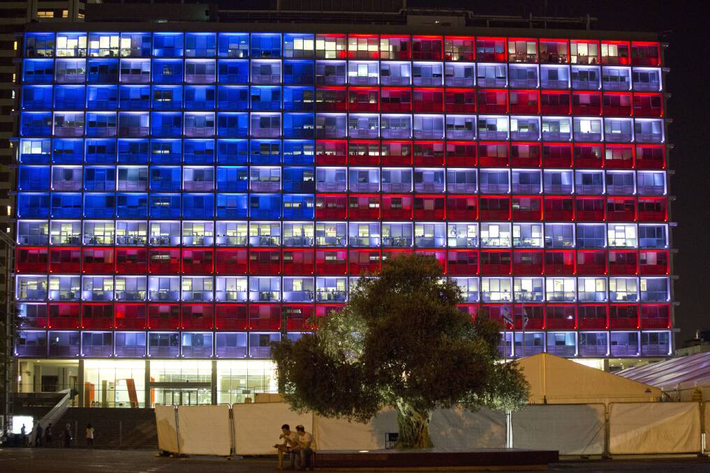 Tel Aviv's municipality building is lit with the colors of the American flag in solidarity with victims of Las Vegas shooting in Tel Aviv, Israel.