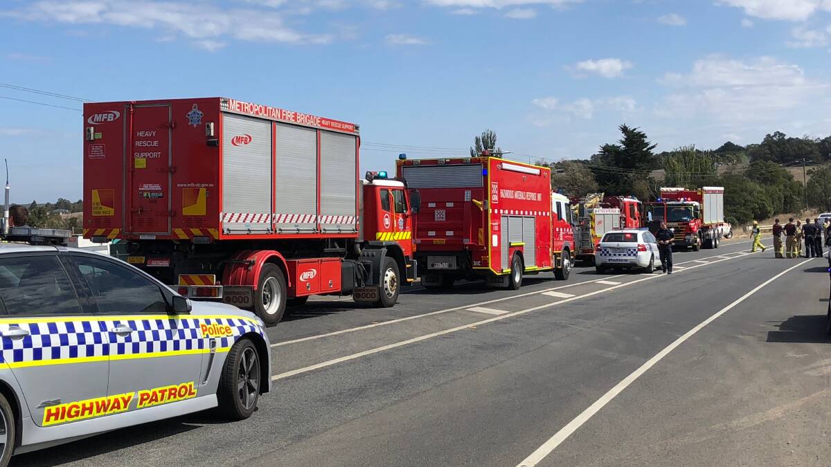 EMERGENCY: Rescue trucks from as far away as Melbourne and Warrnambool attended Wednesday's incident in Dellacombe. Picture: Greg Gliddon
