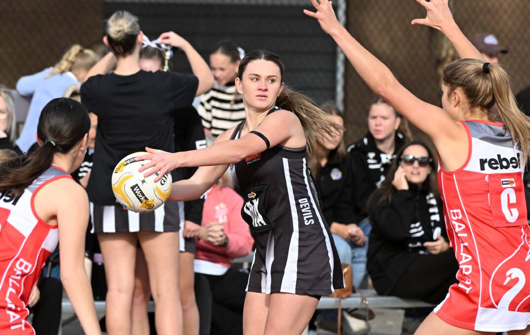 
Ailish McCormack of Darley looks to get her pass away against Ballarat. Picture by Lachlan Bence
