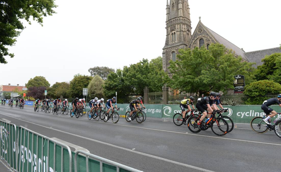 Cyclists are on a slippery road along Sturt Street for the street criterium events at the RoadNats. Picture: Kate Healy