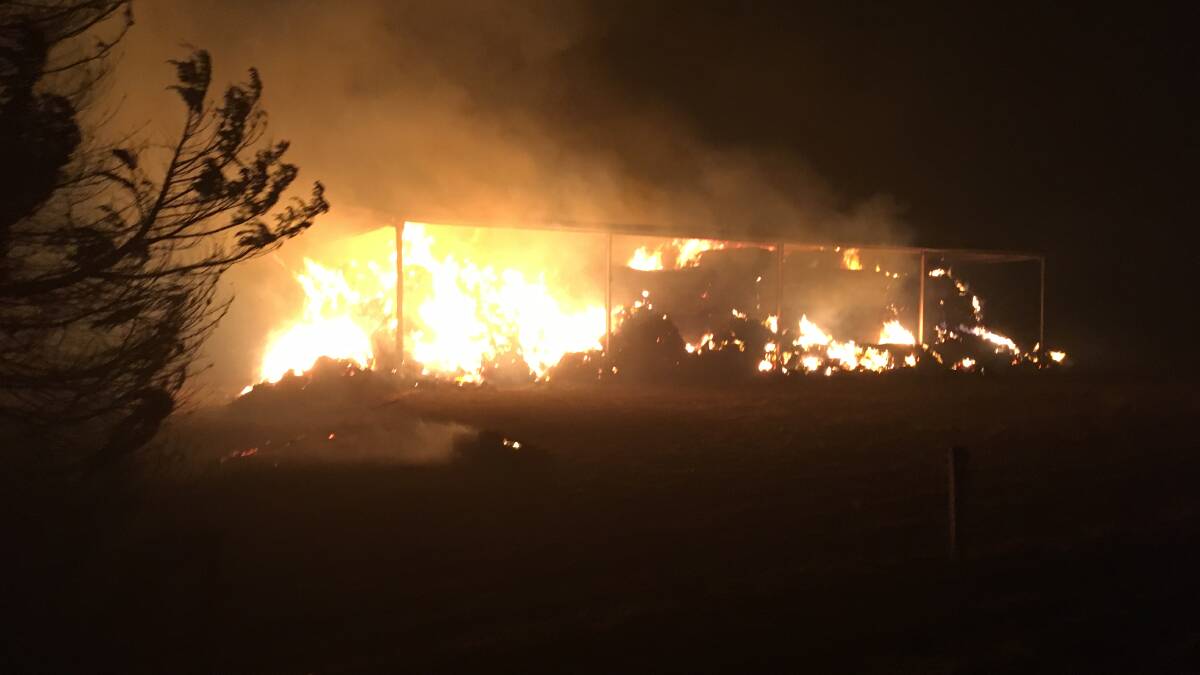 A hay shed is destroyed at Gazette on Saturday night. Picture: Daniel Brogden