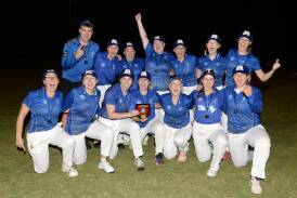 Golden Point players celebrate winning the Ballarat Cricket Association's women's competition. Picture by Kate Healy