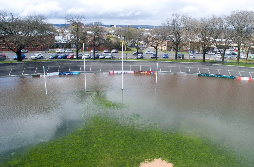 Big wet: City Oval, which has been the start of previous Run Ballarat events, underwater last month. Picture: Skyline Drone Imaging. 