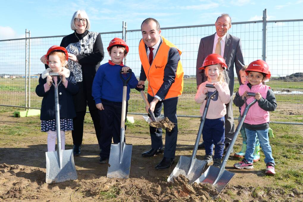 Education Minister James Merlino at a sod turning for Lucas' first school, Siena Catholic Primary School. Picture: Kate Healy.