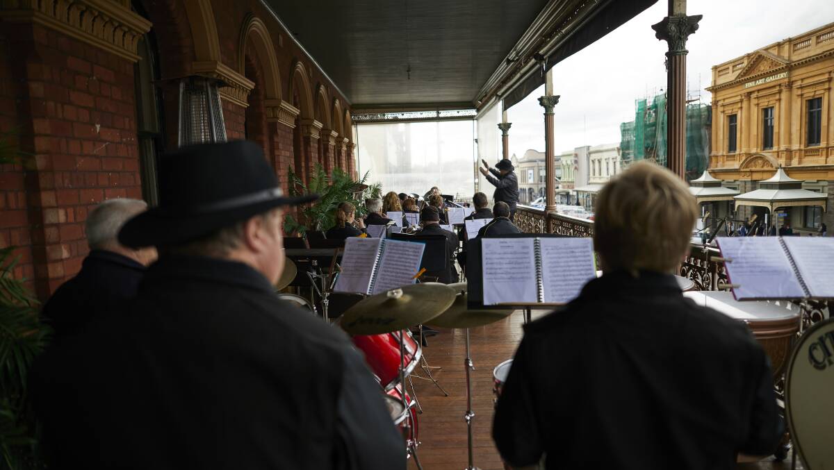 Big brass: Ballarat Brass Band and Ballarat Memorial Band each did turns on The George Hotel balcony. Their repertoires included Bach and an eighties music medley.  