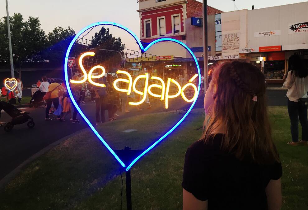 I love you: Neon artist Carly O'Brien's installations dotted the median strip of Sturt Street. Picture: Jessica Black.