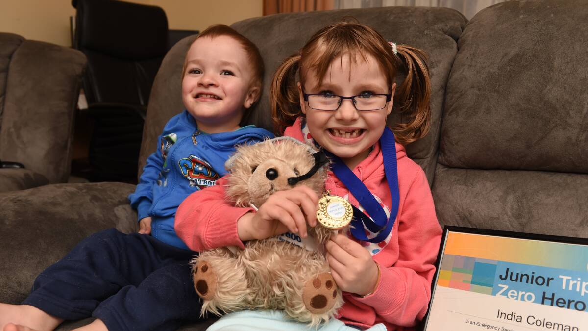 Triple zero hero: Six-year-old India Coleman saved her brother Harrison Coleman's life by calling triple zero after the then one-year-old choked on a five cent piece. Picture: Lachlan Bence.