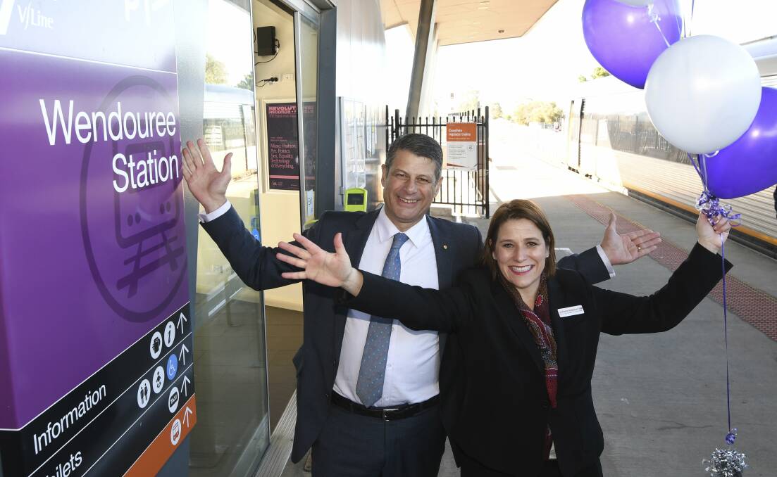 TRAIN OF THOUGHT: Former Premier Steve Bracks and Wendouree MP Juliana Addison mark the 10th anniversary of Wendouree Station. Photo: Lachlan Bence.