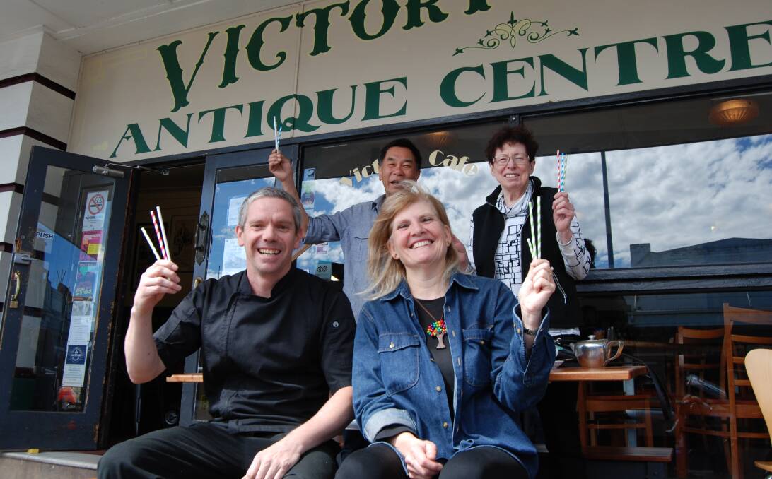 Plastic straws suck: World first as Blackheath phases out plastic straws in favour of the old fashioned paper variety. Wattle Cafe's Paul Beavis and Lis Bastian (front) with Victory Cafe's Terry Tan and the Ivanhoe's Kerrie Ray.
