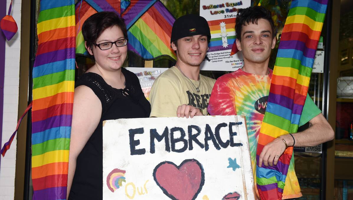 Equal rights campaign: Tarleea Philips, Alex Matthews and Koby Bunney will lead the same-sex rights march on Saturday. Picture: Kate Healy