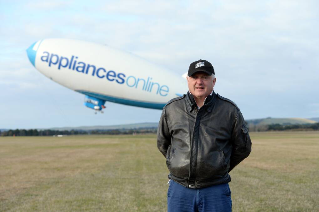Blimp on the radar: Pilot Mark Finney has been getting to know Ballarat from the air in the Appliances Online blimp. The aircraft is the same blimp that featured at the Sydney and London Olympics. Picture: Kate Healy