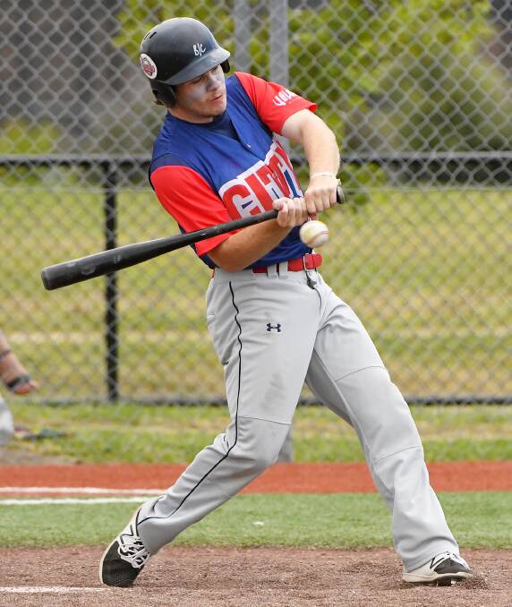 GIVING IT EVERYTHING: Ethan Etheridge swings hard at a pitch in the strike zone against Port Melbourne at Prince of Wales Park on Saturday. Picture: Dylan Burns