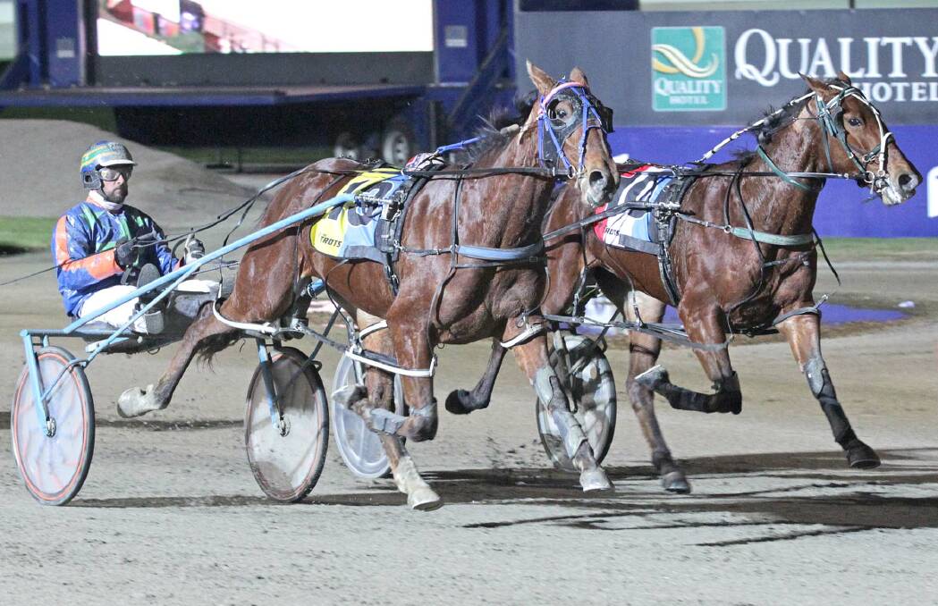 COMFORTABLE: Michael Stanley has a tight hold on Petacular as the two-year-old filly takes out a Vicbred Super Series semi-final. Picture: HRV