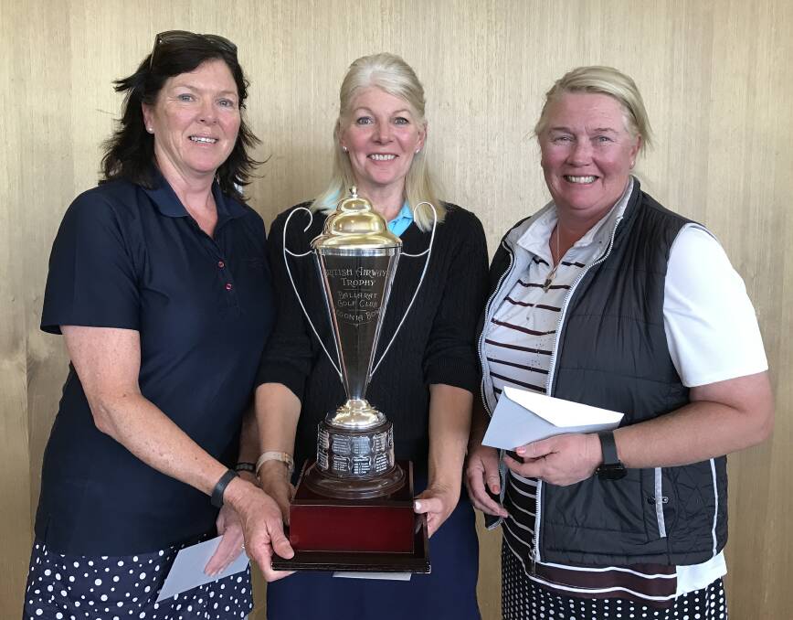 TRIUMPHANT VISITORS: Begiona Bowl winners Anita Hughes, Andrea Donaldson and Judy Fitzgerald from the Commonwealth Golf Club.