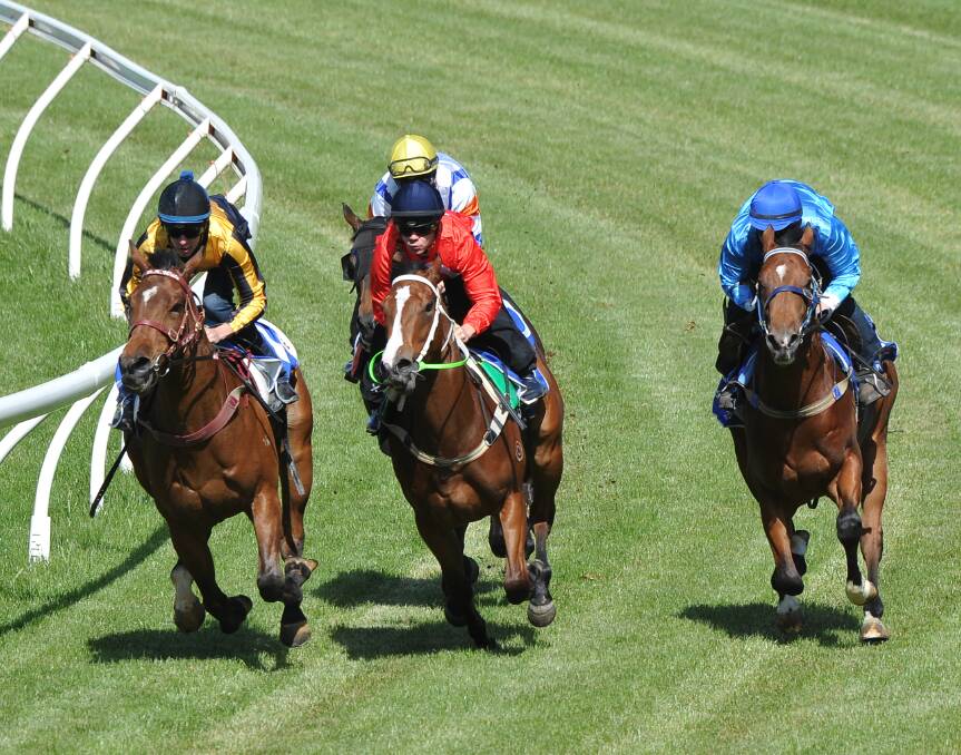 BARRIER TRIAL: The four starters round the turn in Tuesday's clockwise two-year-old barrier trial in Ballarat. Picture: Lachlan Bence
