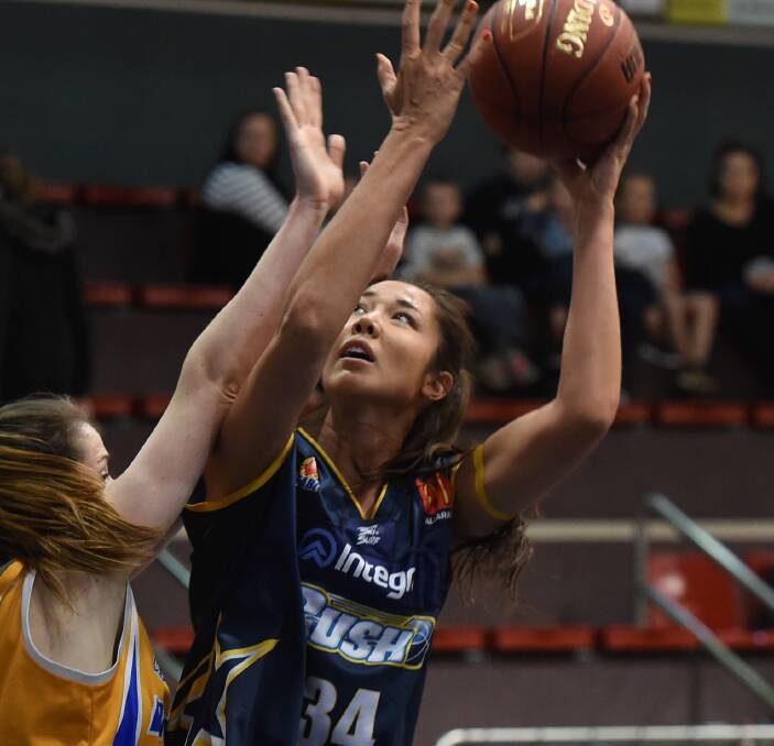 NO JOY: New Ballarat Rush import Joy Burke battled her way through foul trouble to help give Bendigo Lady Braves a scare at the Minerdome on Friday night. Picture: Lachlan Bence 