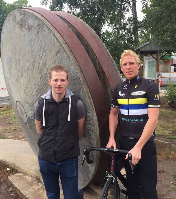 BIG WHEELS: Former Melbourne to Ballarat road race winner Pat Shaw, left, with Ballarat Sebastopol Cycling Club rider Tim Canny.
