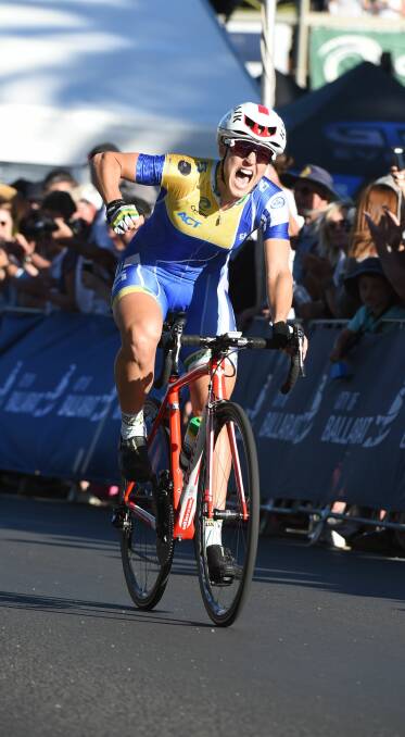 CELEBRATION: Rebecca Wiasak screams with joy after winning the elite women's criterium title in front of a huge crowd in Sturt Street. Pictures: Lachlan Bence
