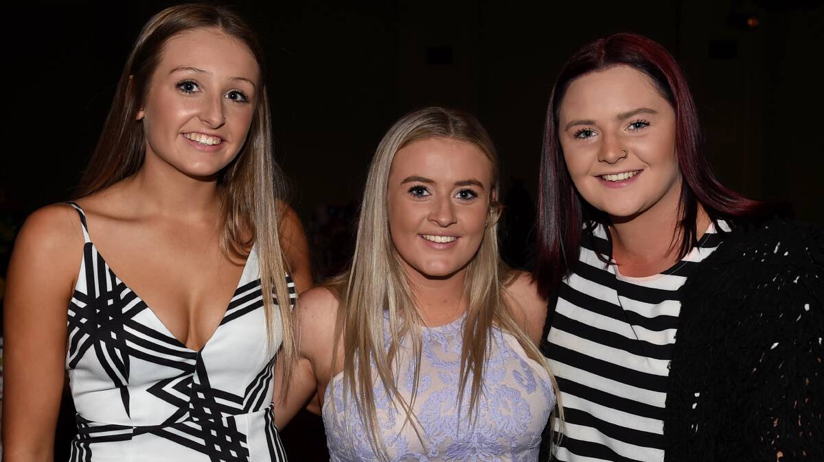 BEST AGAIN: BFL youth girls football best and fairest Amy McDonald, left, with  Amy Codge and Jess Bokma at Friday night's presentation dinner. Picture: Lachlan Bence