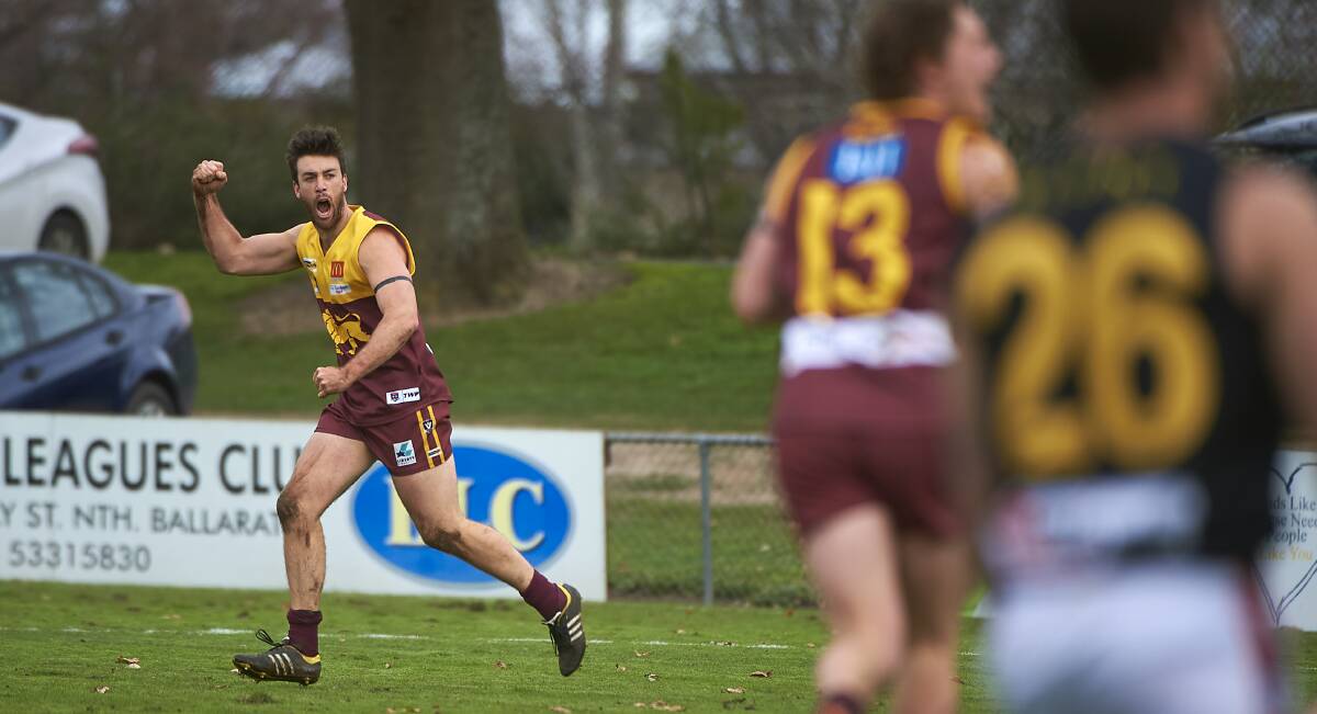 Redan's Damien Horbury celebrates a goal in the Lions' win over Bacchus Marsh at the City Oval. Picture: Luka Kauzlaric