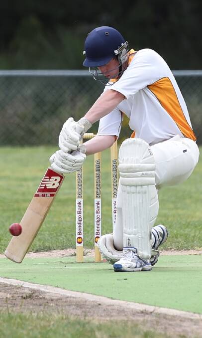 FRONT FOOT: East Ballarat's Mitch Walsh plays a forceful cover drive against Mt Clear on the Mt Clear number two oval. Picture: Lachlan Bence