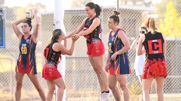 Caitlin Filmer celebrates her match-winning goal with Buninyong teammate Ruby Hart, leaving their Beaufort opponents shattered in the CHNL A grade competition at Beaufort on Saturday. Picture by Adam Trafford.