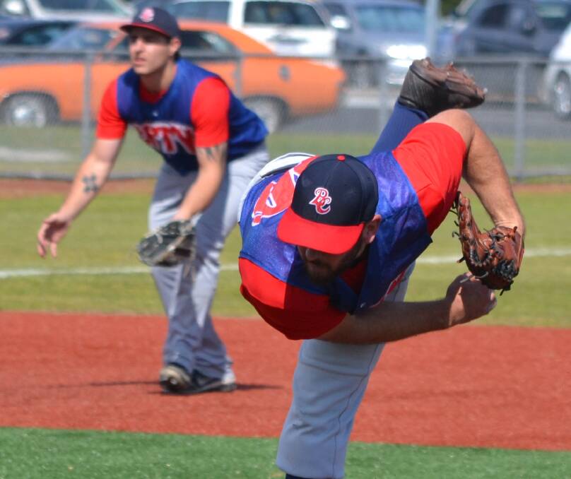 BIG PLAY: starting pitcher Seth Haehl unleashes against Port Melbourne his way, while third baseman George Psimaris is poised to make a play.